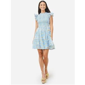 Oliphant Smocked Flirty Short Ruffle Mini Dress Blue Gold Block Print Tuckernuck